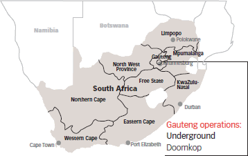 Map of South Africa indicating the location of Doornkop