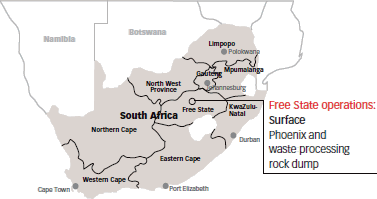 Map of South Africa indicating the location of Free State Surface Operations
