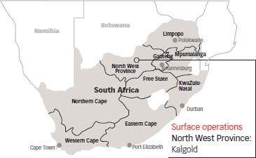 Map of South Africa indicating the location of Kalgold