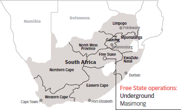 Map of South Africa indicating the location of Masimong