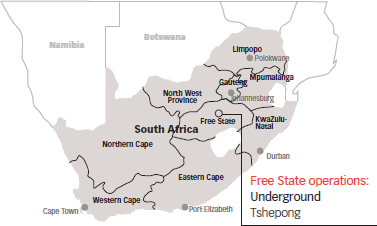 Map of South Africa indicating the location of Tshepong