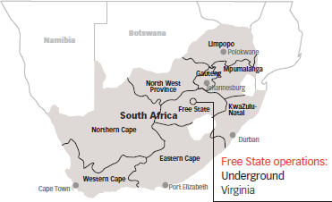 Map of South Africa indicating the location of Virginia